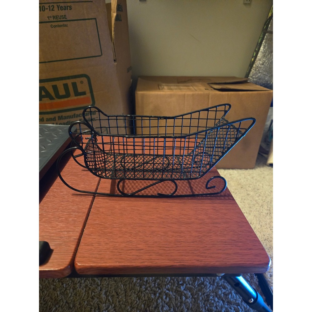 Black Metal Wire Sleigh Basket Christmas Holiday Decor Centerpiece Scrolled Rail